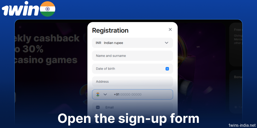 Open the sign-up form on 1win