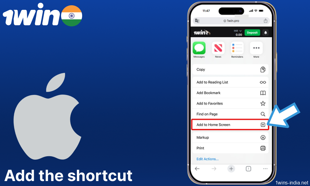Add the 1win app shortcut
