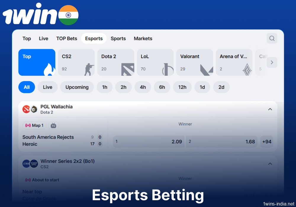 Esports betting options available on 1win for players from India