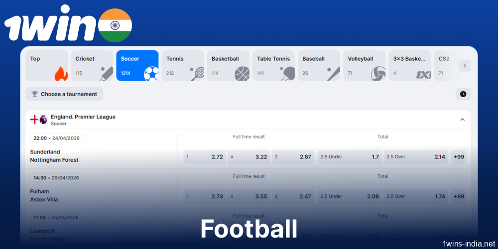 Football betting options available on 1win for players from India