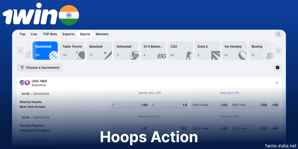 Basketball betting options available on 1win for players from India