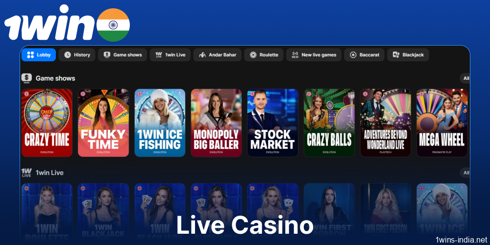 Live casino games available on 1win for players from India