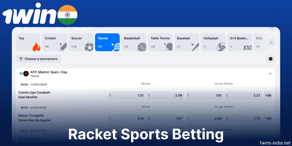 Racket Sports betting options available on 1win for players from India